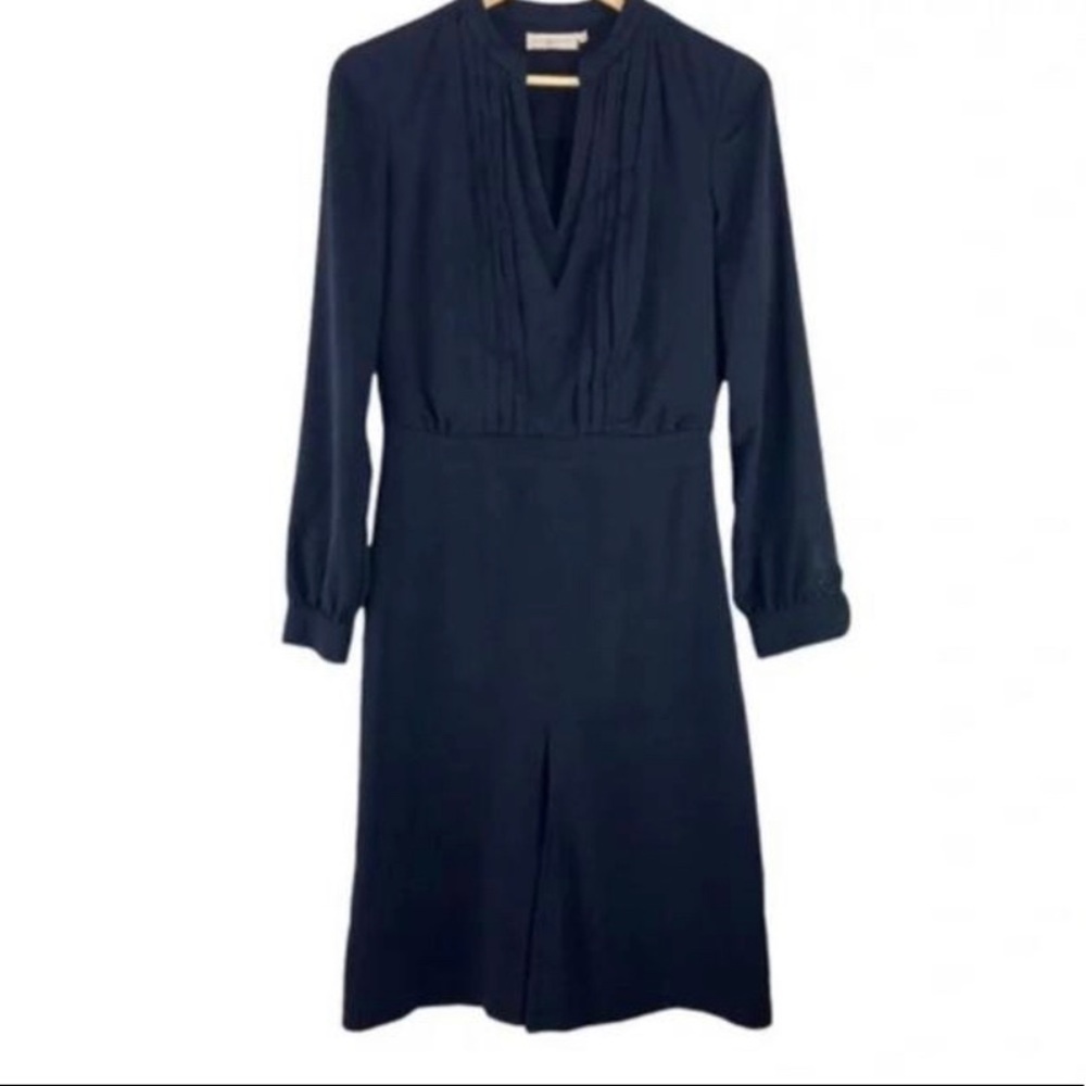 TORY BURCH Long Sleeve Navy Blue Pintucked Tuxedo Pleat Dress Size 0